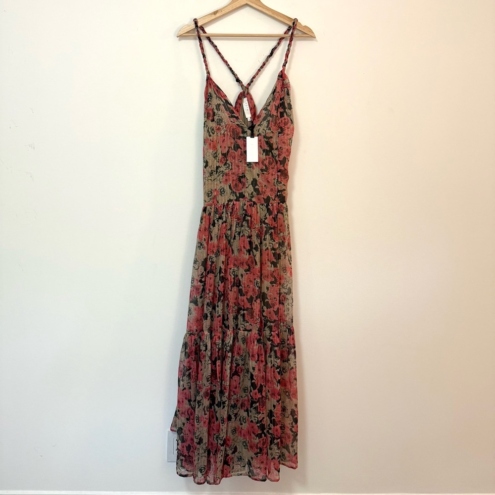 NWT ASTR the Label EARTHA Pink FLORAL MAXI DRESS Plunge V Neck Metallic Small - Picture 5 of 8